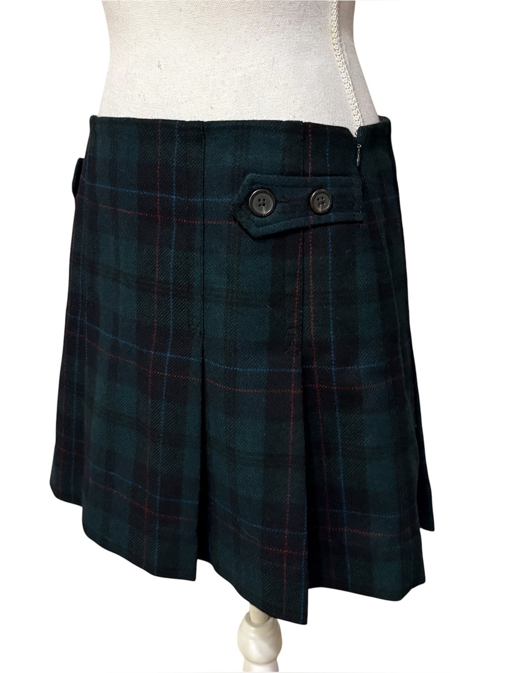 Vtg Y2K Gap Green Tartan Plaid Pleated Mini Skirt Button Details Size 4 - Picture 3 of 7